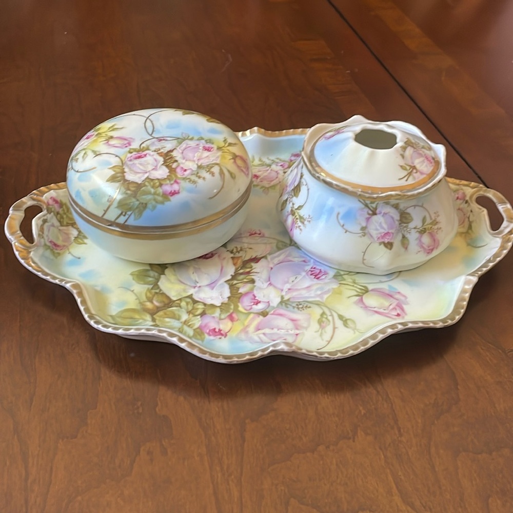 Antique Royal Rudolstadt Prussia Porcelain 3 Piece Vanity Tray Set roses